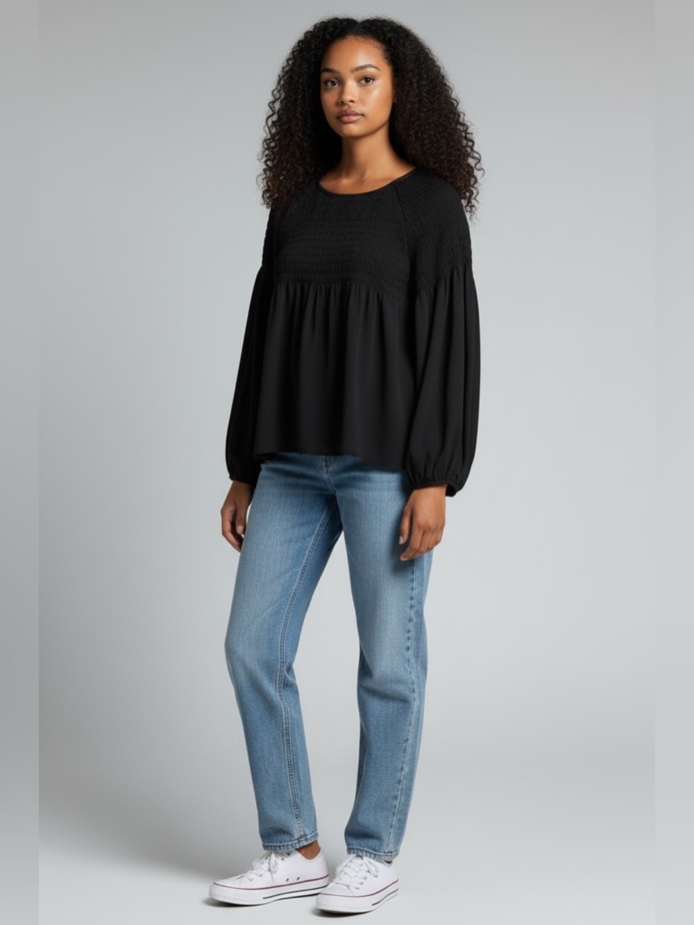 H&M Black Smocked Babydoll Balloon Sleeve Blouse Top Size - See measurements.